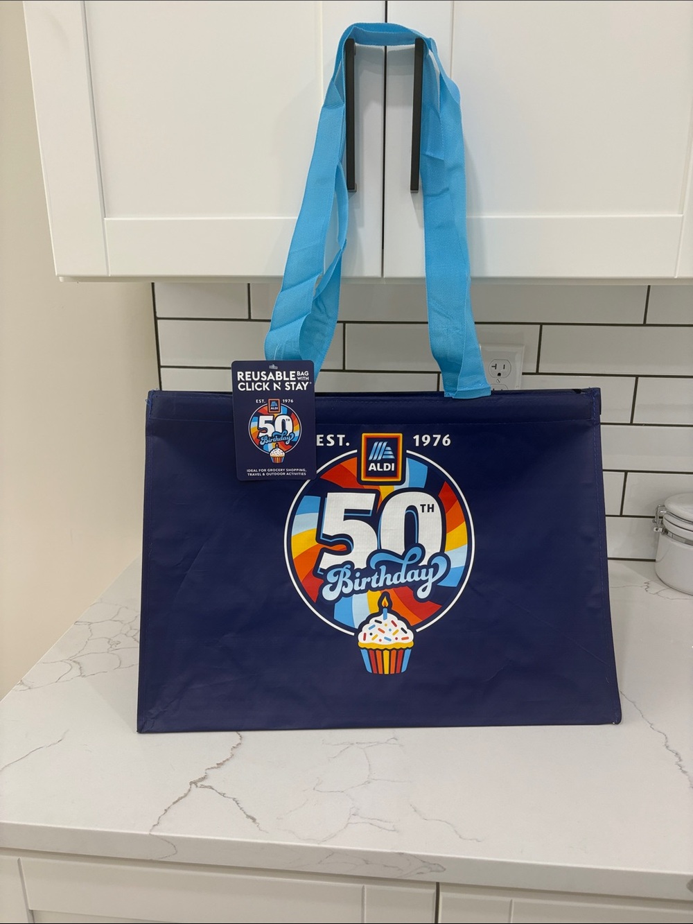 50th Birthday Reusable Click N Stay Tote Bag - Navy with Light Blue Handles